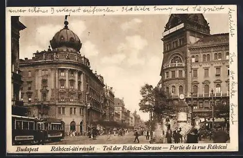 AK Budapest, Teil der Rákóczi-Strasse, Strassenbahn