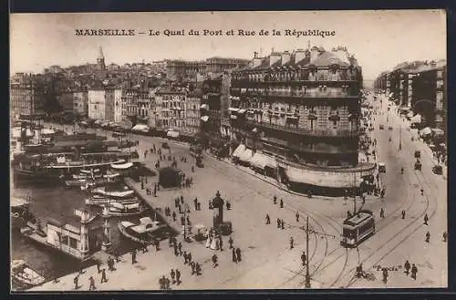 AK Marseille, Le Quai du Port et Rue de la République, Strassenbahn