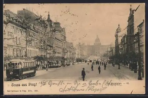 AK Prag, Wenzelsplatz mit Strassenbahn und Passanten