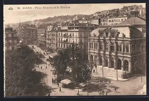 AK Alger, Place Bresson et le Théâtre, Strassenbahn