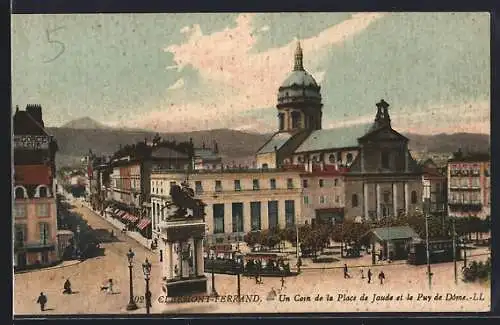 AK Clermont-Ferrand, Un coin de la Place de Jaude et le Puy de Dôme, le tramway
