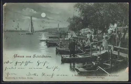 Mondschein-AK Berlin-Grunewald, Schildhorn, Garten-Restaurant Schröder mit Dampfer-Anlage