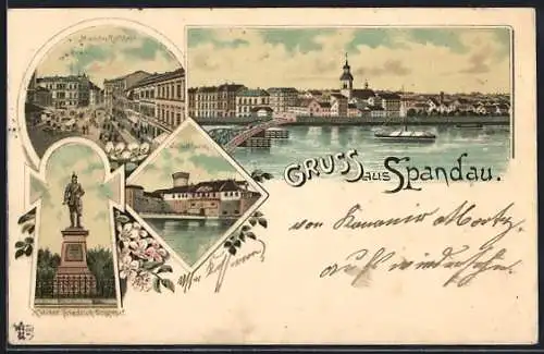 Lithographie Berlin-Spandau, Juliusturm, Markt mit Rathaus, Kaiser Friedrich Denkmal