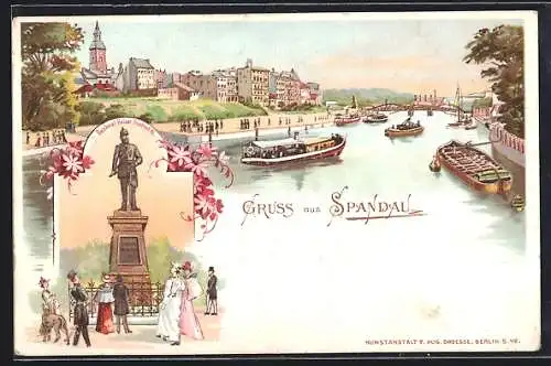 Lithographie Berlin-Spandau, Denkmal Kaiser Friedrich III., Panorama