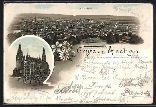 Lithographie Aachen, Gesamtansicht, Rathaus