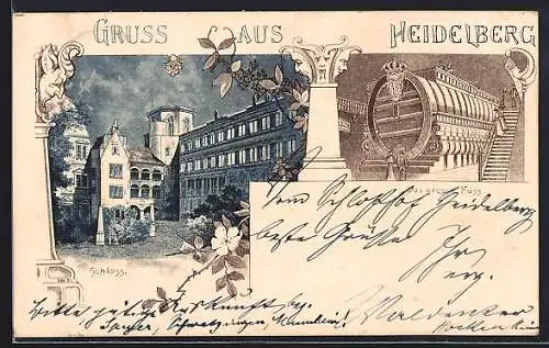 Lithographie Heidelberg, Schloss, grosses Fass