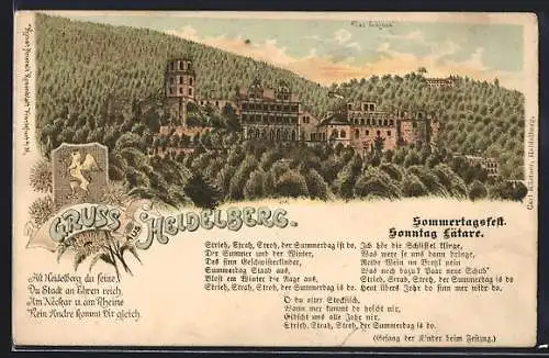 Lithographie Heidelberg, Das Schloss, Gesamtansicht, Wappen