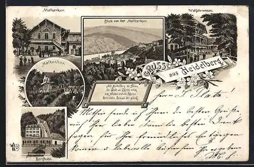 Vorläufer-Lithographie Heidelberg, 1895, Molkenkur, Wolfsbrunnen und Bergbahn