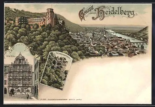 Lithographie Heidelberg, Ortsansicht, Hotel Ritter, gesprengter Thurm