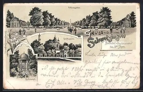 Lithographie Schwetzingen, Bahnhof-Restaurant von W. Ihm, Moschee, Schlossgarten und Apollotempel