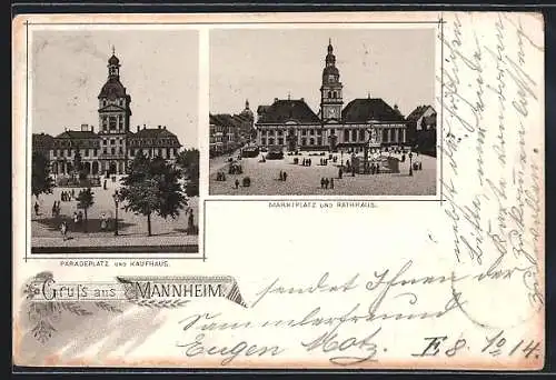Lithographie Mannheim, Paradeplatz und Kaufhaus, Marktplatz und Rathaus