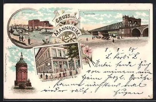 Lithographie Mannheim, Rheinbrücke, Wasserthurm und Hafenpartie