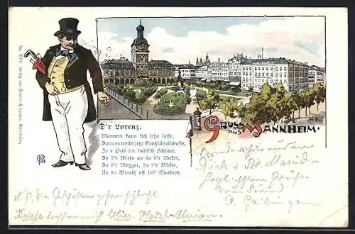 Lithographie Mannheim, Ortsansicht aus der Vogelschau