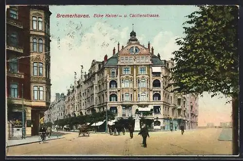 AK Bremerhaven, Ecke Kaiser- und Cäcilienstrasse mit Geschäfte und Kutschen
