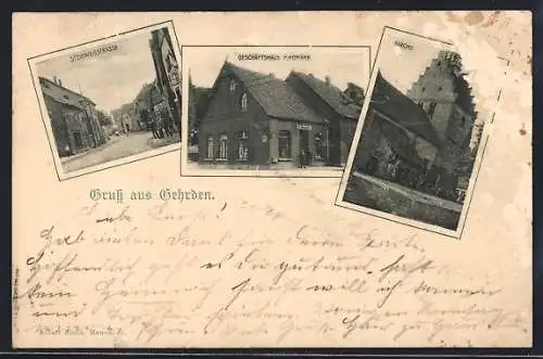 AK Gehrden / Hannover, Geschäftshaus F. Homann, Steinweggasse und Kirche