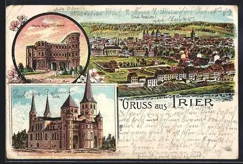 Lithographie Trier, Porta Nigra Westseite und Dom