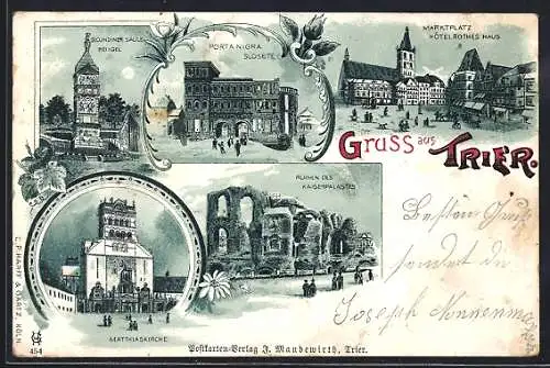 Lithographie Trier, Ruinen des Kaiserpalastes, Porta Nigra Südseite und Matthiaskirche