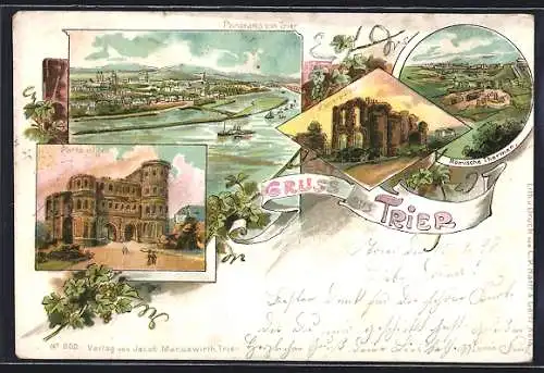 Lithographie Trier, Porta nigra, Kaiserpalast und Römische Thermen