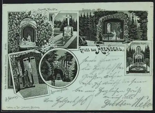 Mondschein-Lithographie Arenberg, Lourdesgrotte, Joseph-Kapelle und Erlösungs-Kapelle