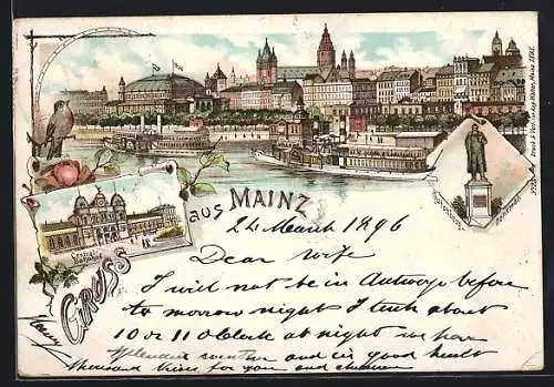 Lithographie Mainz, Central-Bahnhof und Gutenberg-Denkmal