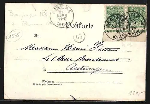 Lithographie Mainz, Central-Bahnhof und Gutenberg-Denkmal