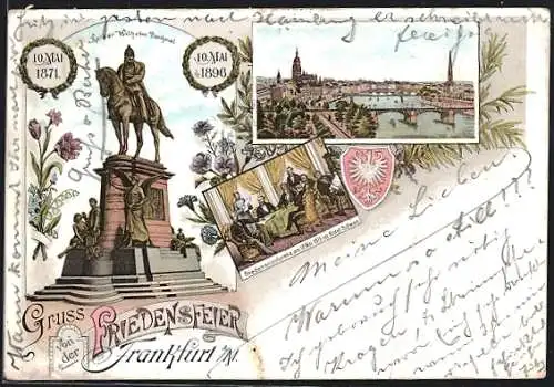 Lithographie Frankfurt, Kaiser Wilhelm-Denkmal, Friedenskonferenz im Hotel Schwan 1871, Wappen