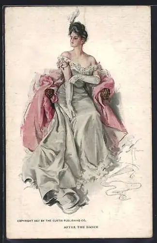 Künstler-AK Harrison Fisher: after the dance, Frau in elegantem, weissen Kleid auf Stuhl sitzend