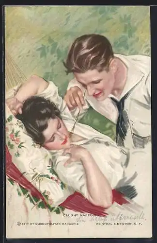 Künstler-AK Harrison Fisher: Caught Napping, Mann neckt seine schlafende Liebste