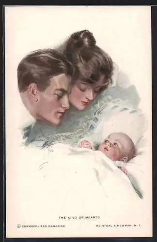 Künstler-AK Harrison Fisher: stolzes Paar betrachtet ihr Baby