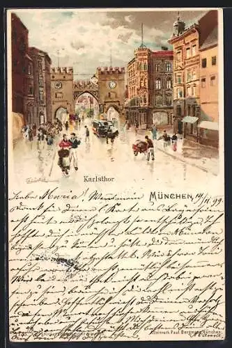 Künstler-AK Karl Heinisch: München, Karlstor mit Pferdebahn