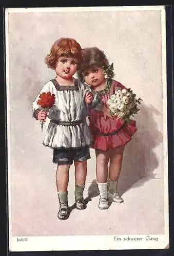 Künstler-AK Adolf (Jodolfi): Die besten Wünsche, zwei Kinder mit Blumensträussen