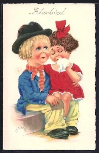 Künstler-AK Herschu: Trauriges Paar verabschiedet sich