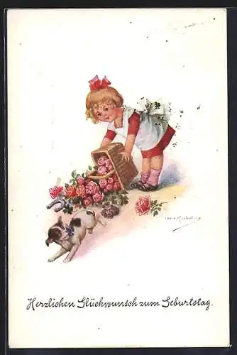 Künstler-AK Friedrich Kaskeline: Mädchen mit Korb voller Rosen und Hündchen