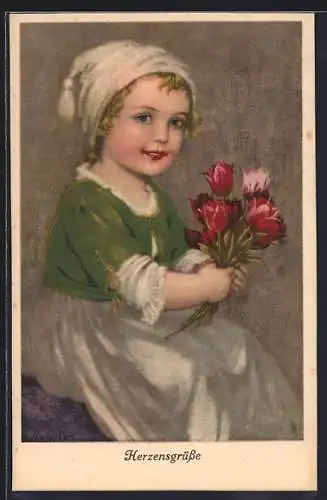 Künstler-AK Marie Flatscher (M.FL.): Mädchen mit Blumenstrauss