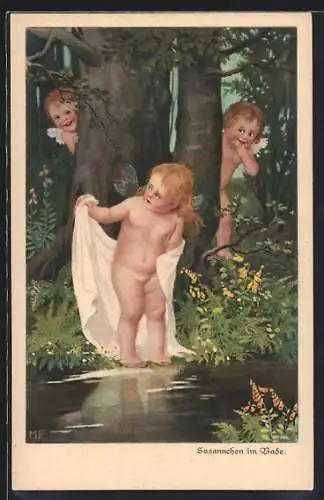 Künstler-AK Marie Flatscher (M.FL.): Engel am Waldsee machen sich lustig über Engelskind mit Handtuch