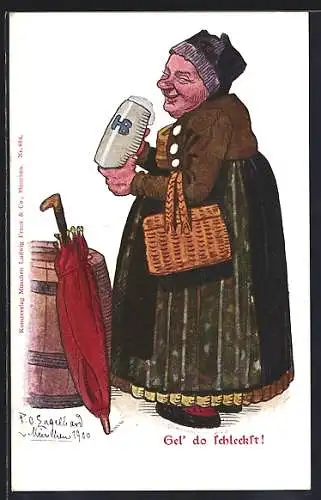 Künstler-AK P. O. Engelhard (P.O.E.): alte Frau mit Bierkrug, Gruss vom Oktoberfest