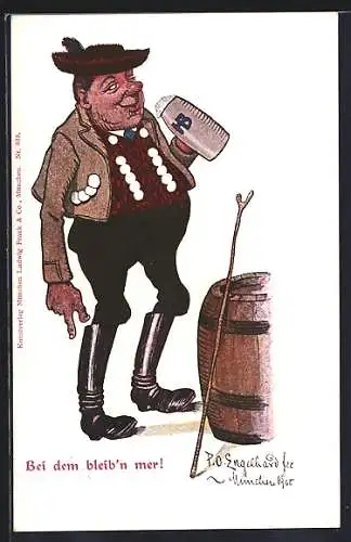 Künstler-AK P.O.Engelhard (P.O.E.): Betrunkener Mann mit Bierkrug auf dem Oktoberfest