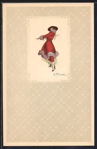 Künstler-AK Roberto Franzoni: Elegante Dame im Mantel