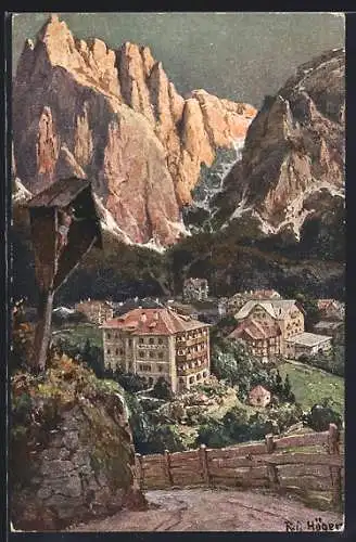 Künstler-AK Rudolf Alfred Höger: Seis, Ortsansicht mit Hotel Seiser Hof