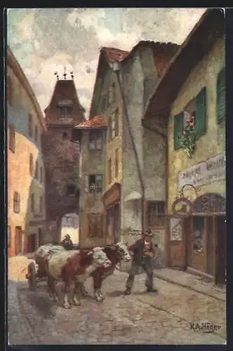 Künstler-AK Rudolf Alfred Höger: Bauer mit Kühen in einer Gasse