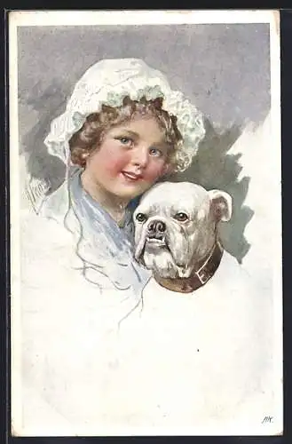 Künstler-AK Karl Feiertag: Kleines Mädchen mit Haube und Boxer mit Halsband