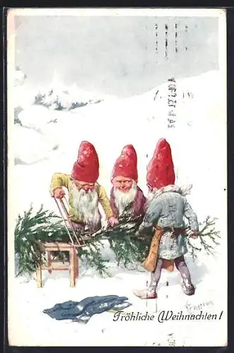Künstler-AK Karl Feiertag: Zwerge sägen an einem Tannenbaum, Weihnachtsgruss