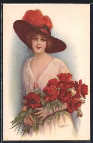 Künstler-AK Harrison Fisher: Junge Dame mit rotem Hut und Mohnblumenstrauss