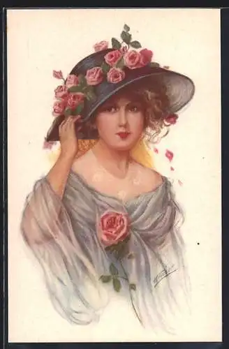 Künstler-AK sign. H. Fisher: Dame mit Rosen am Hut