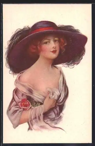 Künstler-AK sign. H. Fisher: Junge Dame mit Hut