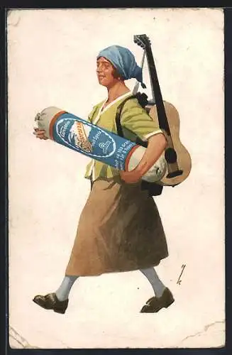 AK Junge Dame mit Cenovis-Erbswurst, Rucksack und geschulterter Gitarre
