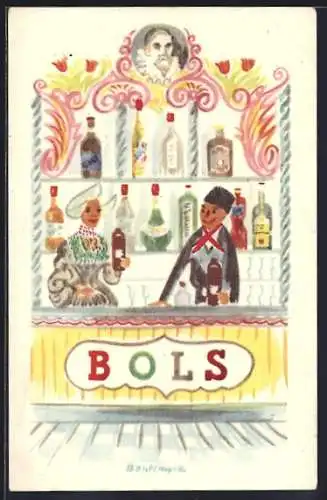 AK Amsterdam, Geschäft J. Andries, Trachtenpaar hinter Theke mit Bols-Aufdruck
