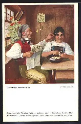 AK Wehntaler Bauernstube mit Zeitung lesendem Hausherrn und Mädchen, Schweizerische Wochen-Zeitung