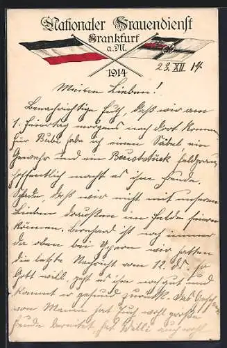 AK Frankfurt a. M., Nationaler Frauendienst 1914, gekreuzte Flaggen