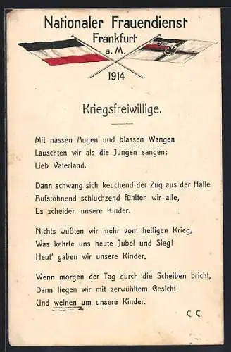 AK Frankfurt a. M., Nationaler Frauendienst 1914, gekreuzte Flaggen, Gedicht Kriegsfreiwillige